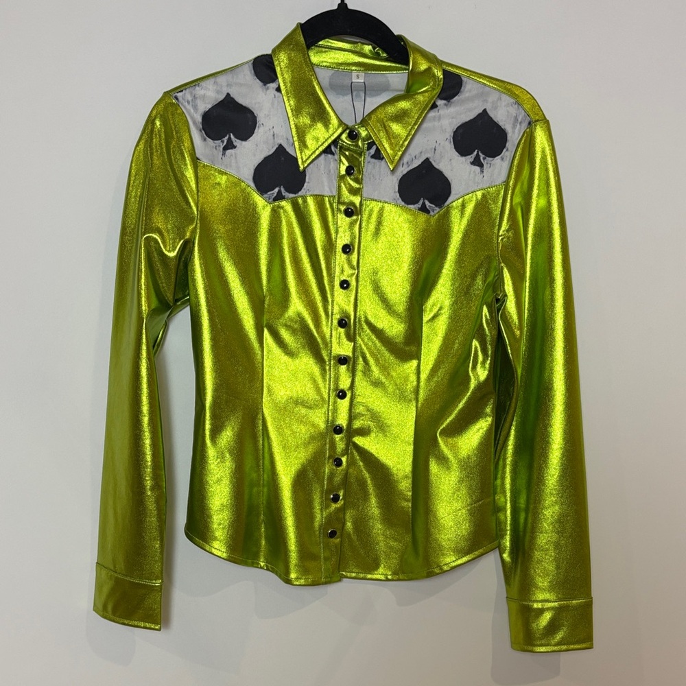 NWOT Metallic Green Spades Neon Spur Pearl Snap Rodeo Shirt